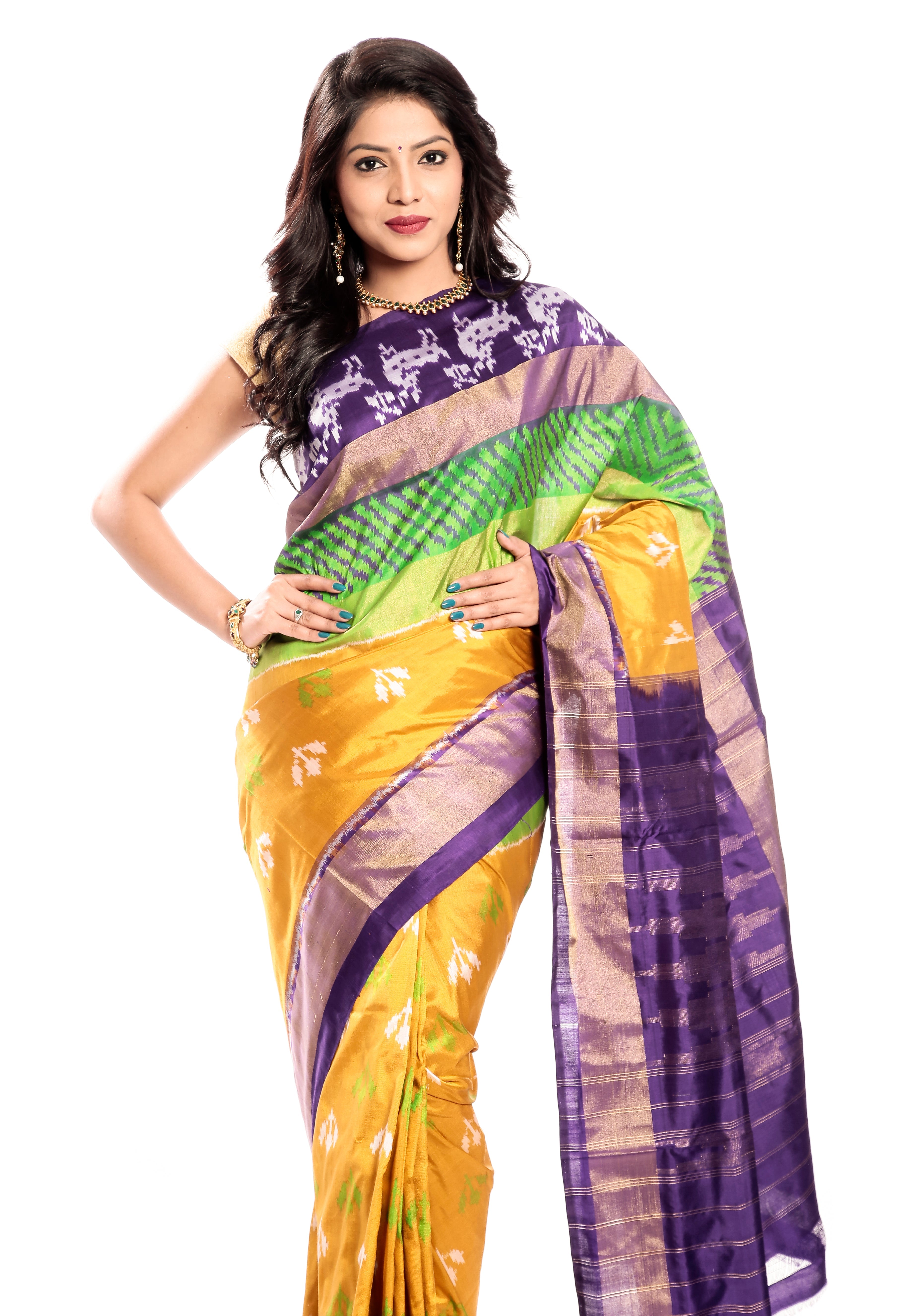 Turmeric Yellow-Violet Pochampally Ikkat Silk Saree